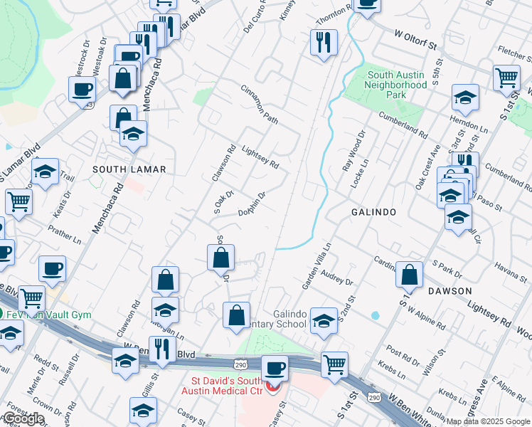 map of restaurants, bars, coffee shops, grocery stores, and more near 1403 Valleyridge Drive in Austin