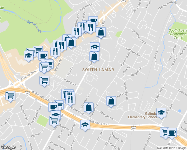 map of restaurants, bars, coffee shops, grocery stores, and more near 3724 Valley View Road in Austin