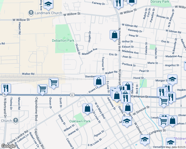map of restaurants, bars, coffee shops, grocery stores, and more near 609 Walker Road in Lafayette