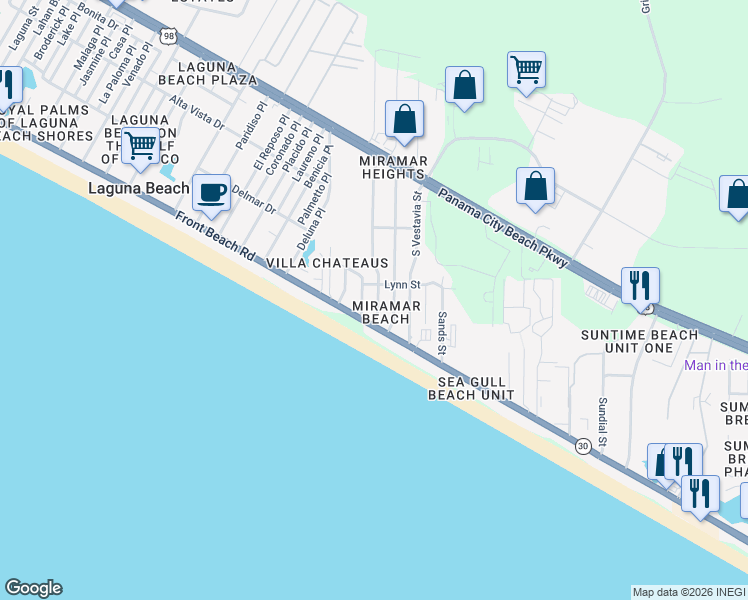 map of restaurants, bars, coffee shops, grocery stores, and more near 306 South Wells Street in Panama City Beach