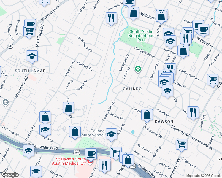 map of restaurants, bars, coffee shops, grocery stores, and more near 3304 Locke Lane in Austin