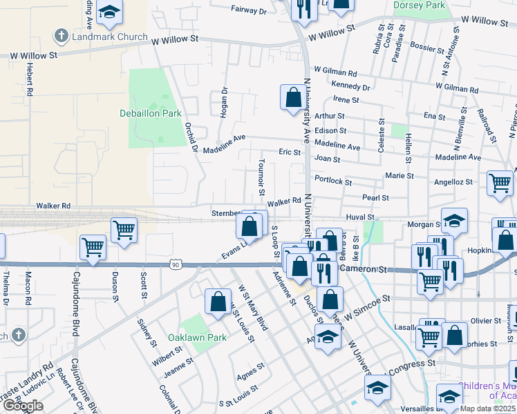 map of restaurants, bars, coffee shops, grocery stores, and more near 105 Walker Road in Lafayette