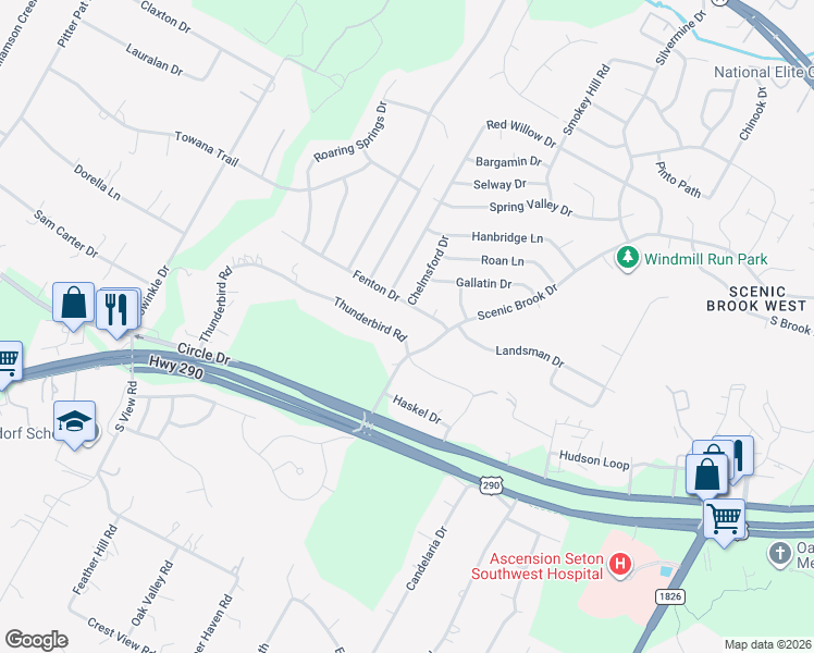 map of restaurants, bars, coffee shops, grocery stores, and more near 8602 Thunderbird Road in Austin