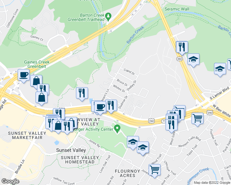 map of restaurants, bars, coffee shops, grocery stores, and more near 3210 John Campbells Trail in Austin