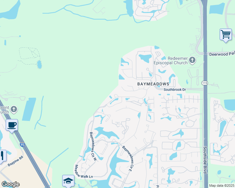 map of restaurants, bars, coffee shops, grocery stores, and more near 7602 Bay Meadows Circle in Jacksonville