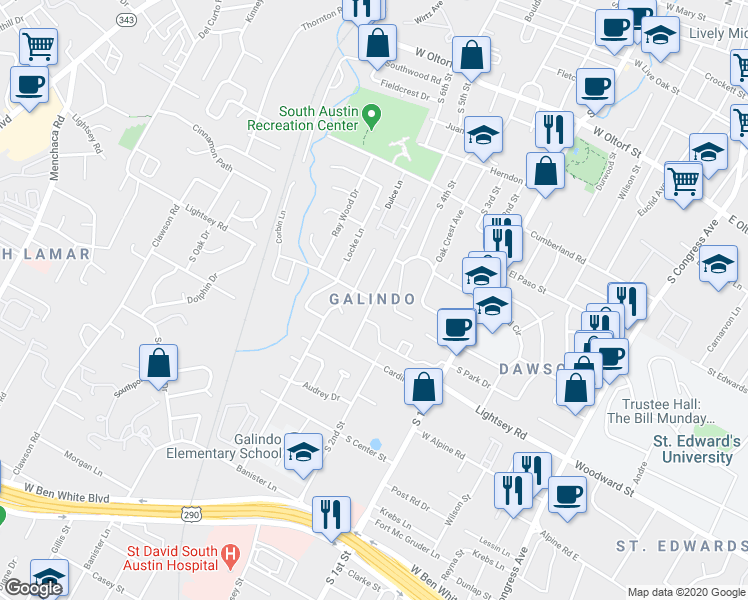 map of restaurants, bars, coffee shops, grocery stores, and more near South 5th Street & Barton Skyway in Austin