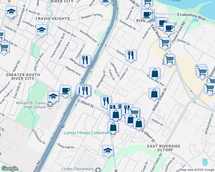 map of restaurants, bars, coffee shops, grocery stores, and more near 1709 Mariposa Drive in Austin