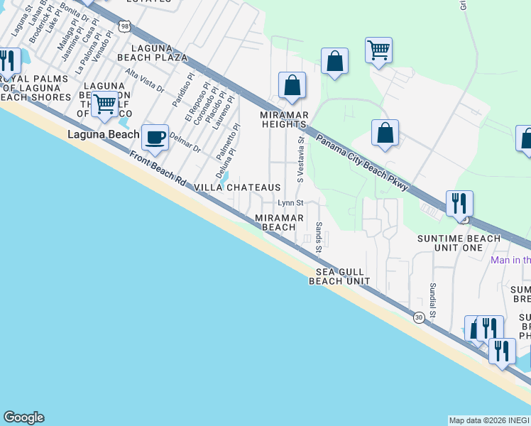 map of restaurants, bars, coffee shops, grocery stores, and more near 306 South Wells Street in Panama City Beach