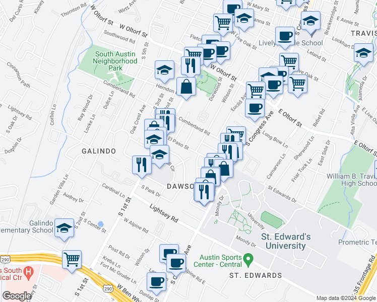 map of restaurants, bars, coffee shops, grocery stores, and more near 403 El Paso Street in Austin