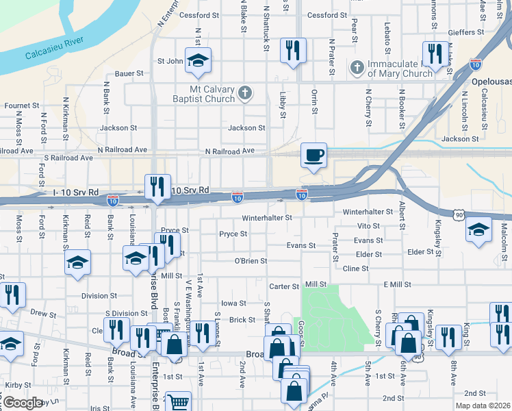 map of restaurants, bars, coffee shops, grocery stores, and more near 1620 Belden St in Lake Charles