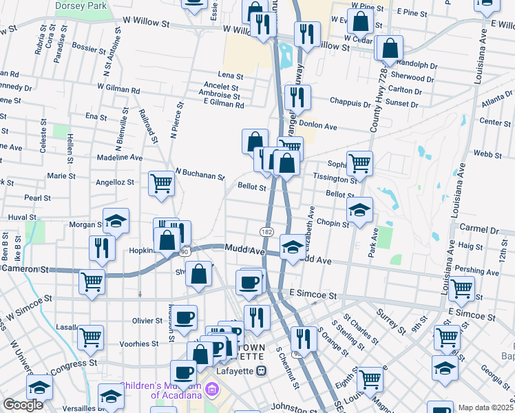 map of restaurants, bars, coffee shops, grocery stores, and more near 212 Goldman Street in Lafayette
