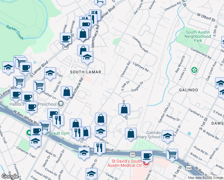 map of restaurants, bars, coffee shops, grocery stores, and more near 3503 Clawson Road in Austin