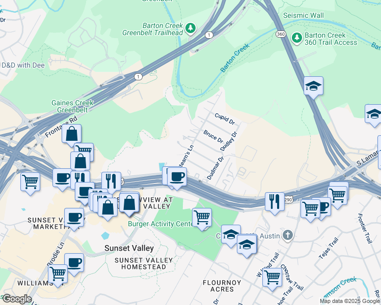 map of restaurants, bars, coffee shops, grocery stores, and more near 4604 Stearn's Lane in Austin