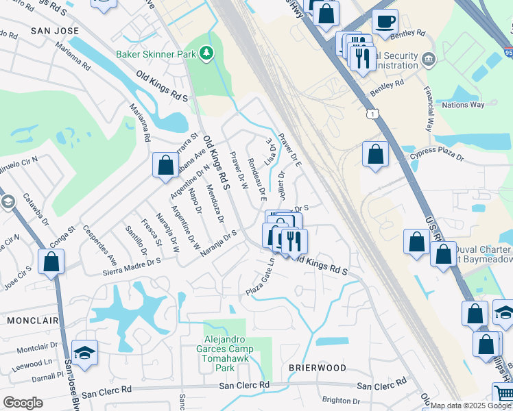 map of restaurants, bars, coffee shops, grocery stores, and more near 7958 Rondeau Drive South in Jacksonville