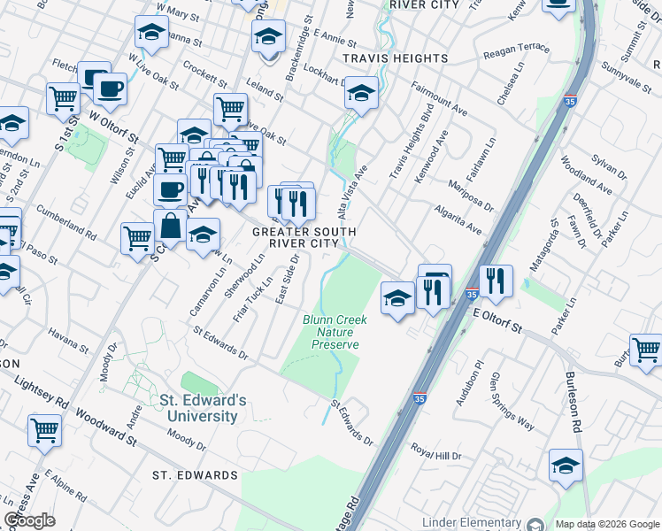 map of restaurants, bars, coffee shops, grocery stores, and more near 823 East Oltorf Street in Austin
