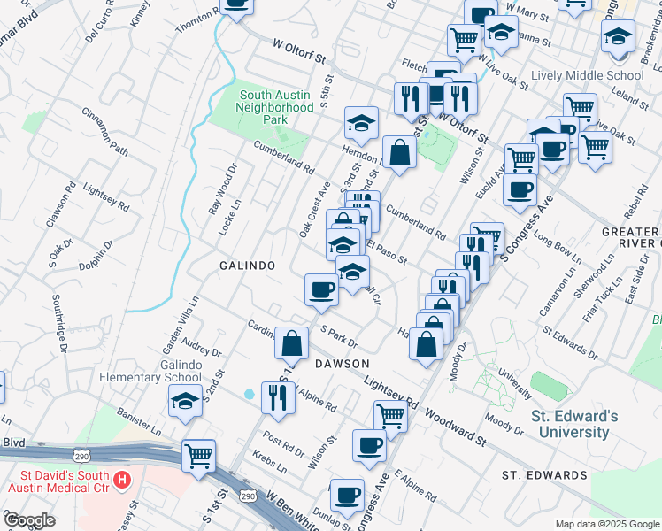 map of restaurants, bars, coffee shops, grocery stores, and more near 605 Terrell Hill Drive in Austin
