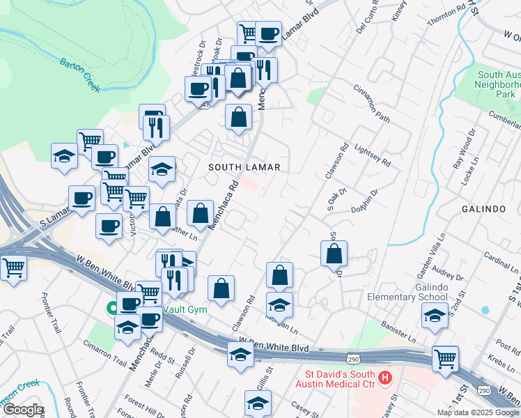 map of restaurants, bars, coffee shops, grocery stores, and more near 7 Valley View Road in Austin