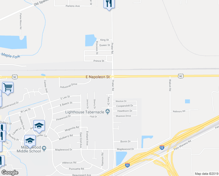 map of restaurants, bars, coffee shops, grocery stores, and more near 229 Prater Road in Sulphur