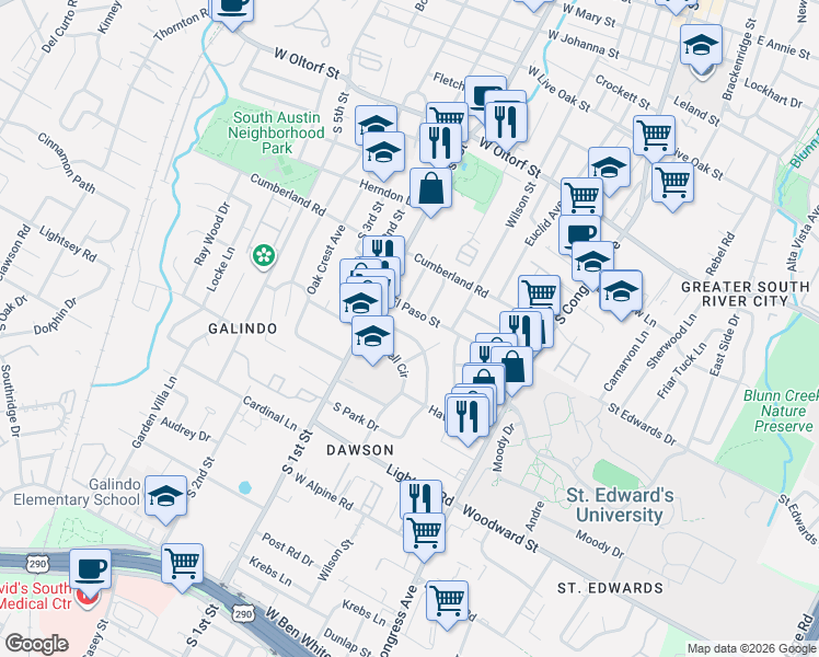 map of restaurants, bars, coffee shops, grocery stores, and more near 510 Sacramento Drive in Austin