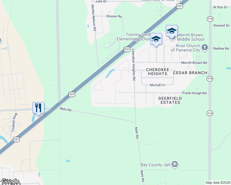 map of restaurants, bars, coffee shops, grocery stores, and more near 5300 Frank Hough Road in Panama City