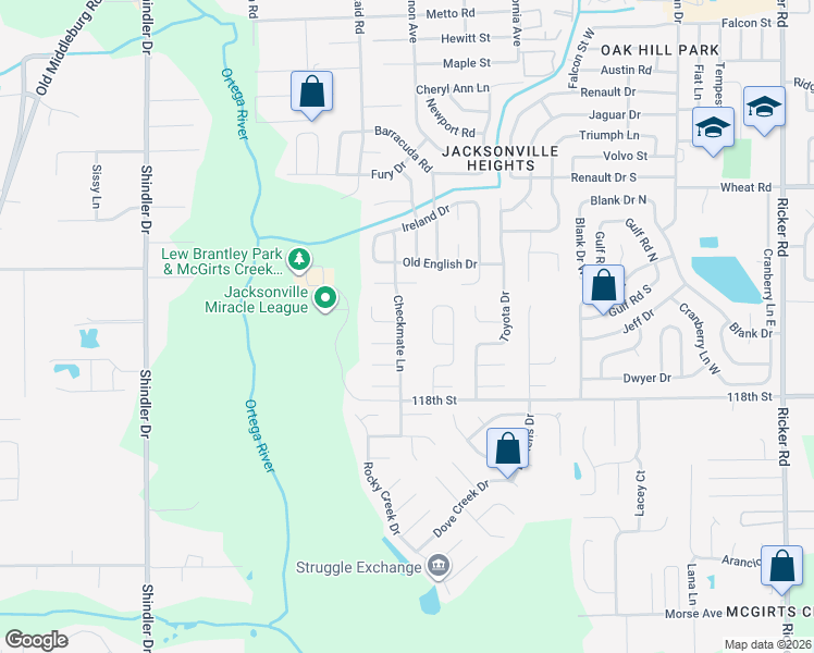 map of restaurants, bars, coffee shops, grocery stores, and more near 6207 Checkmate Lane in Jacksonville