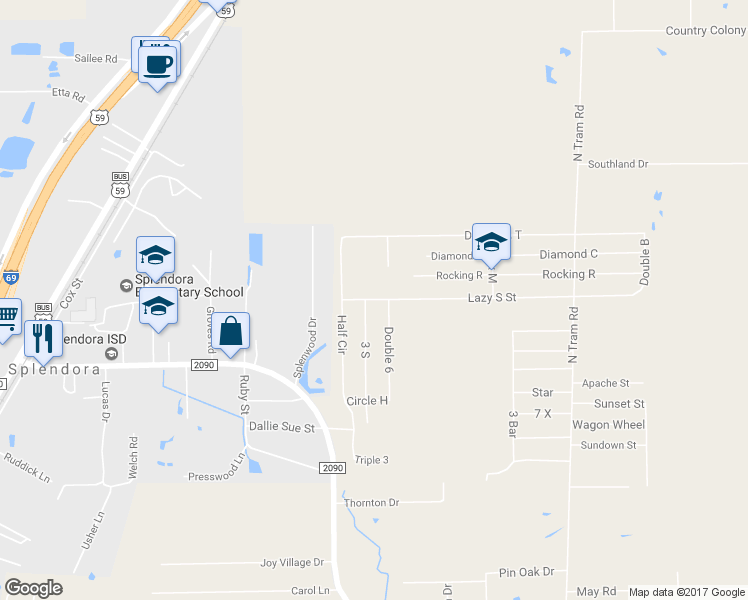 map of restaurants, bars, coffee shops, grocery stores, and more near 26824 Lazy South Street in Splendora