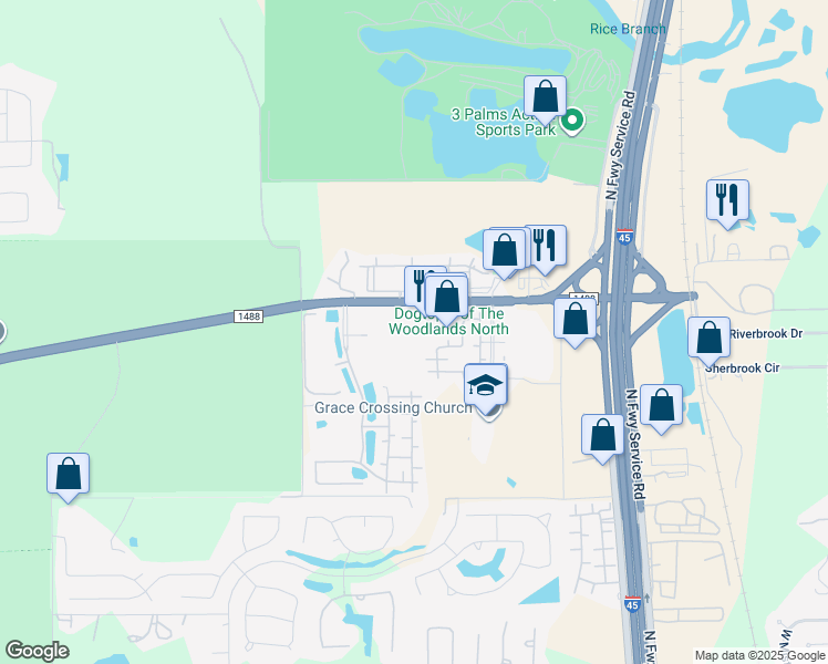 map of restaurants, bars, coffee shops, grocery stores, and more near 541 Farm to Market Road 1488 in Conroe