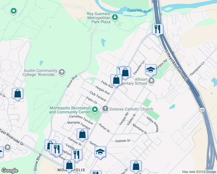 map of restaurants, bars, coffee shops, grocery stores, and more near 6205 Felix Avenue in Austin