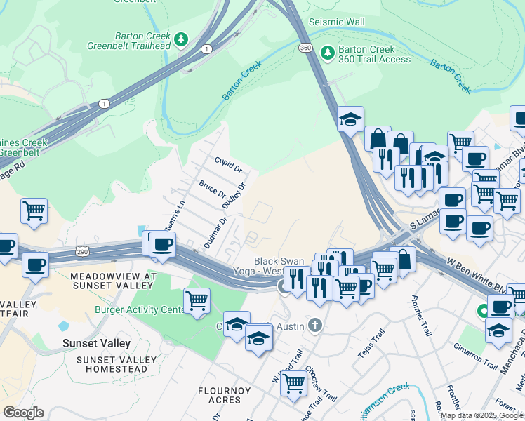 map of restaurants, bars, coffee shops, grocery stores, and more near 4501 Dudmar Drive in Austin