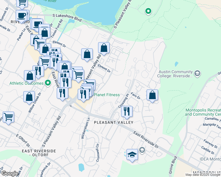 map of restaurants, bars, coffee shops, grocery stores, and more near 1401 Wickersham Lane in Austin