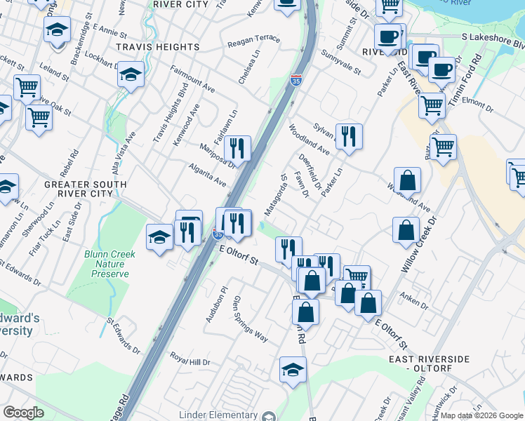 map of restaurants, bars, coffee shops, grocery stores, and more near 2001 South Interstate 35 Frontage Road in Austin