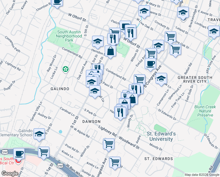 map of restaurants, bars, coffee shops, grocery stores, and more near 403 El Paso Street in Austin
