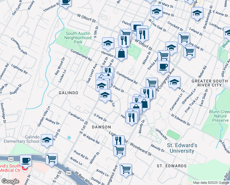 map of restaurants, bars, coffee shops, grocery stores, and more near 513 Sacramento Drive in Austin