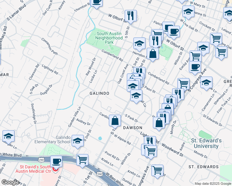 map of restaurants, bars, coffee shops, grocery stores, and more near 614 Peacock Lane in Austin