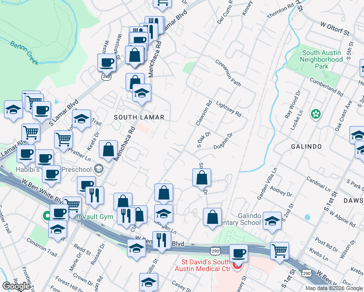 map of restaurants, bars, coffee shops, grocery stores, and more near 3503 Clawson Road in Austin