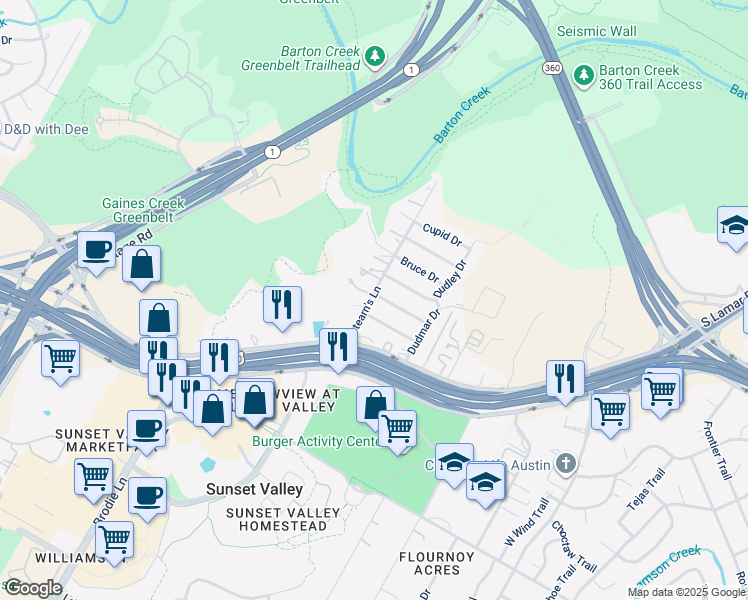 map of restaurants, bars, coffee shops, grocery stores, and more near 4604 Stearn's Lane in Austin