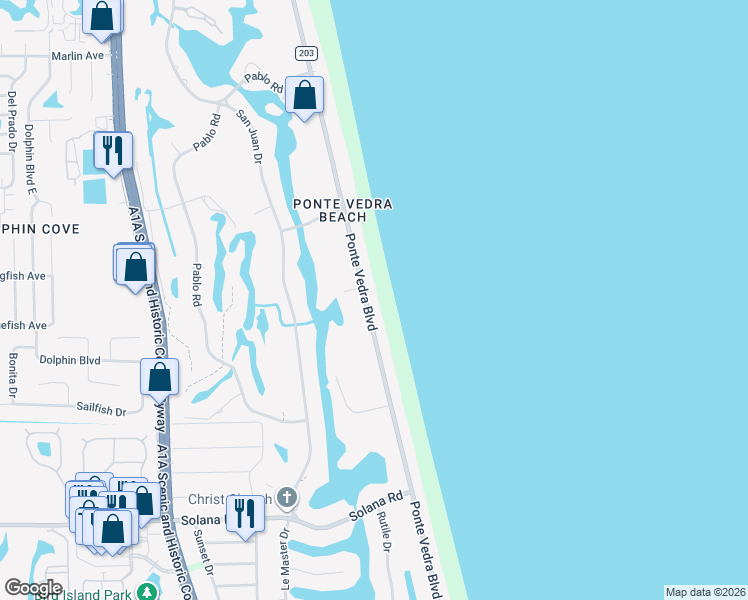 map of restaurants, bars, coffee shops, grocery stores, and more near 325 Ponte Vedra Boulevard in Ponte Vedra Beach