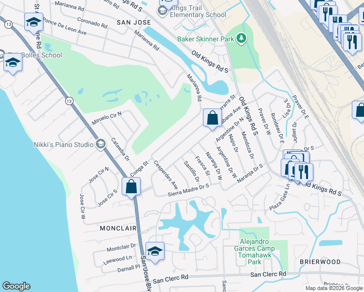 map of restaurants, bars, coffee shops, grocery stores, and more near 3961 Ferrarra Street in Jacksonville