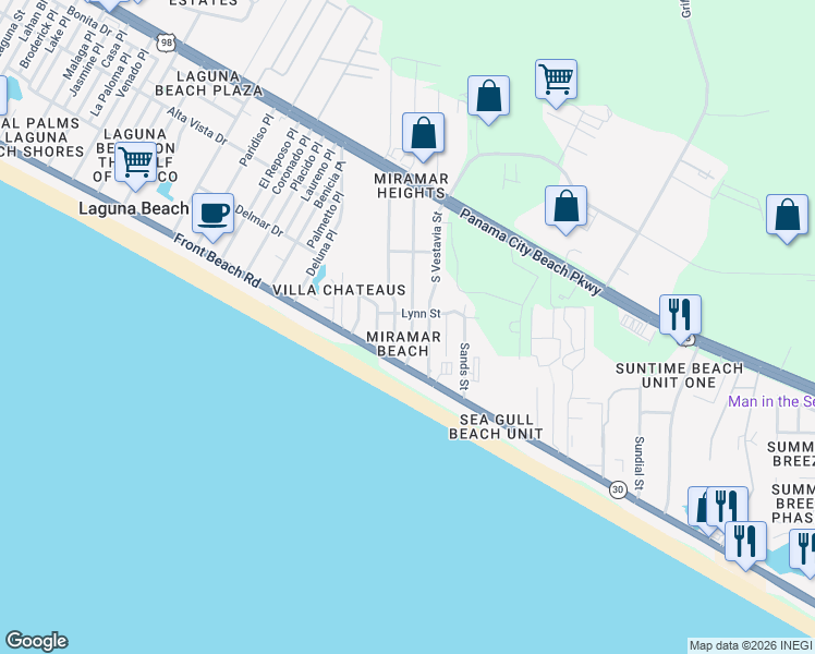 map of restaurants, bars, coffee shops, grocery stores, and more near 306 South Wells Street in Panama City Beach