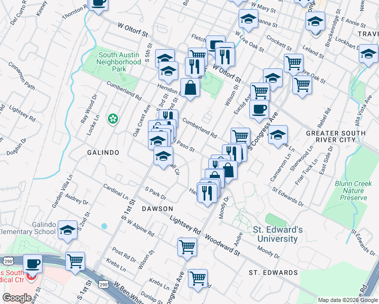 map of restaurants, bars, coffee shops, grocery stores, and more near 403 El Paso Street in Austin