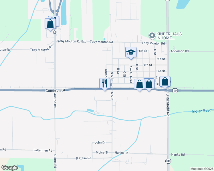 map of restaurants, bars, coffee shops, grocery stores, and more near 110 North A Street in Duson