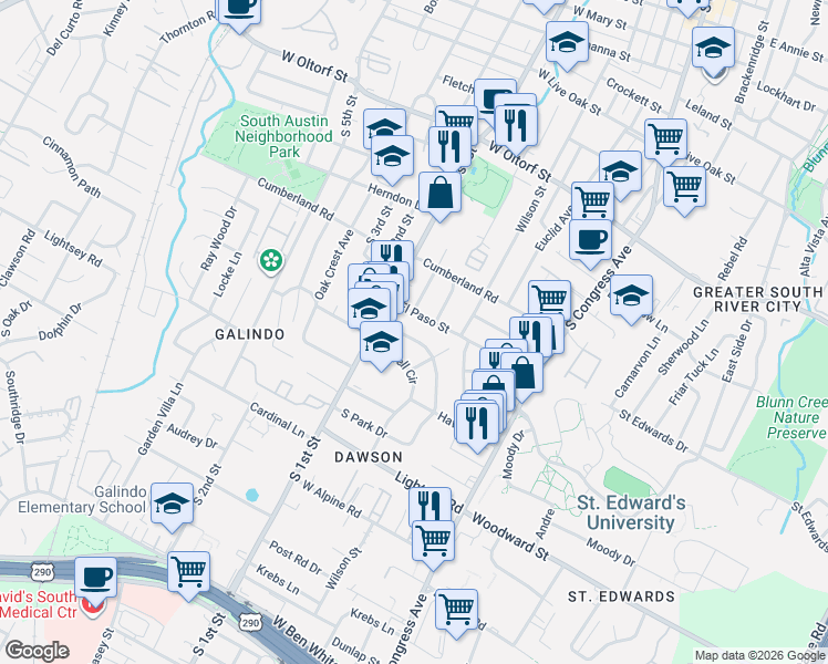 map of restaurants, bars, coffee shops, grocery stores, and more near 512 Sacramento Drive in Austin