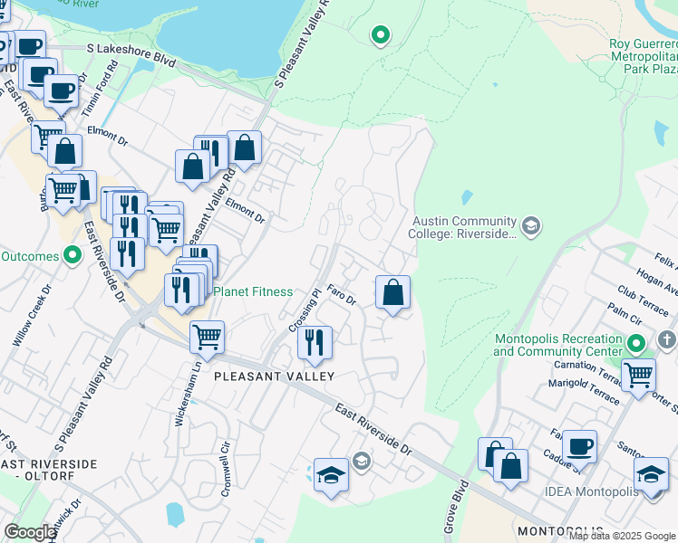 map of restaurants, bars, coffee shops, grocery stores, and more near 1511 Faro Drive in Austin