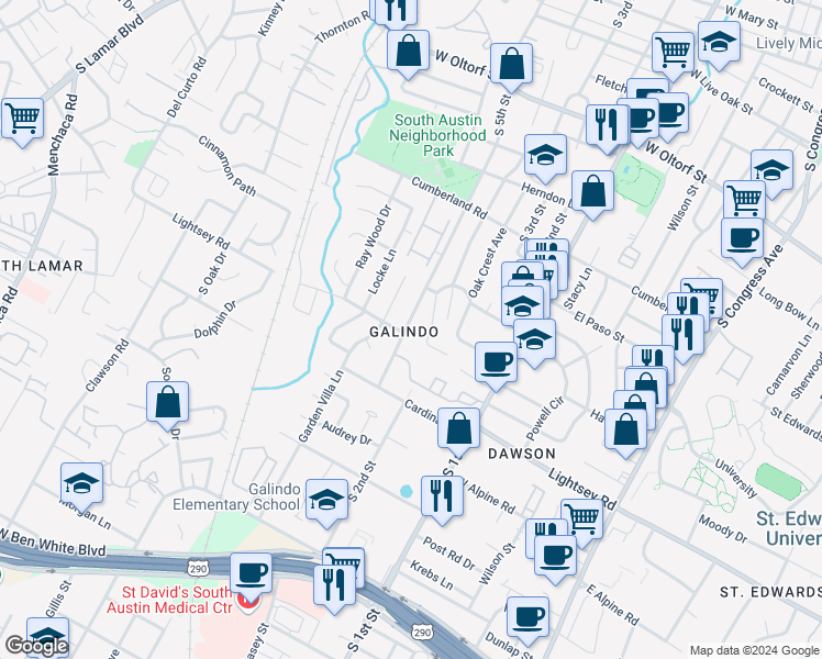 map of restaurants, bars, coffee shops, grocery stores, and more near 3015 South 5th Street in Austin