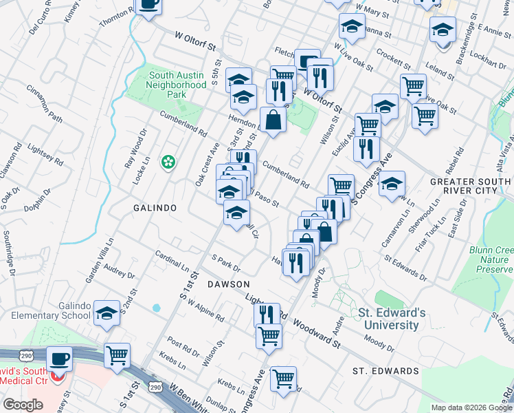 map of restaurants, bars, coffee shops, grocery stores, and more near 513 Sacramento Drive in Austin