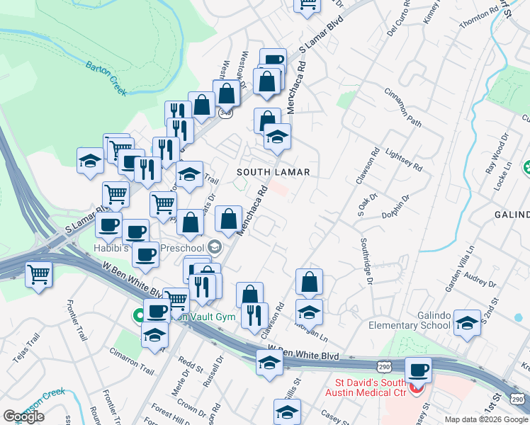 map of restaurants, bars, coffee shops, grocery stores, and more near 3724 Valley View Road in Austin