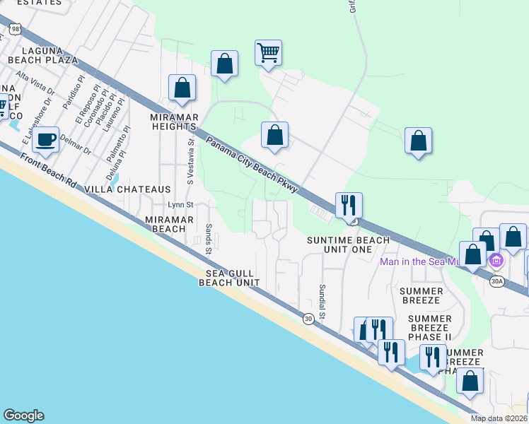 map of restaurants, bars, coffee shops, grocery stores, and more near Unnamed Road in Panama City Beach