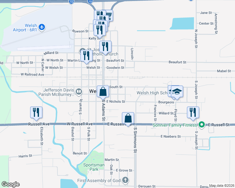 map of restaurants, bars, coffee shops, grocery stores, and more near 299 West Hudspeth Street in Welsh