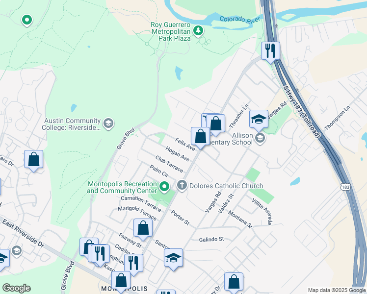 map of restaurants, bars, coffee shops, grocery stores, and more near 6205 Felix Avenue in Austin