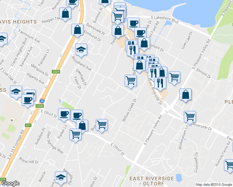 map of restaurants, bars, coffee shops, grocery stores, and more near 1840 Burton Drive in Austin